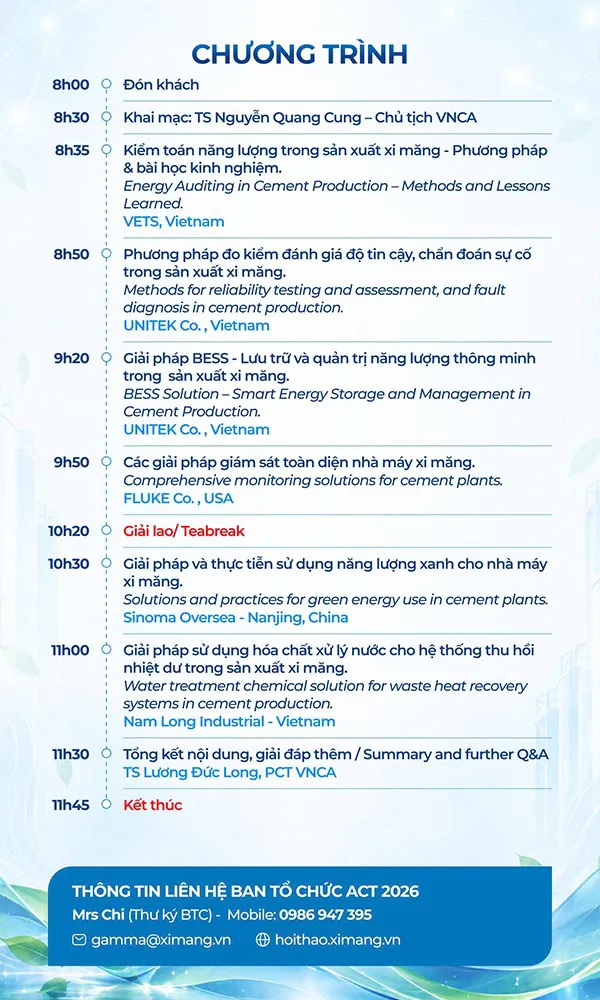 Nội dung chương tr&igrave;nh hội thảo C&ocirc;ng nghệ xi măng ti&ecirc;n tiến ACT Oct-2026.